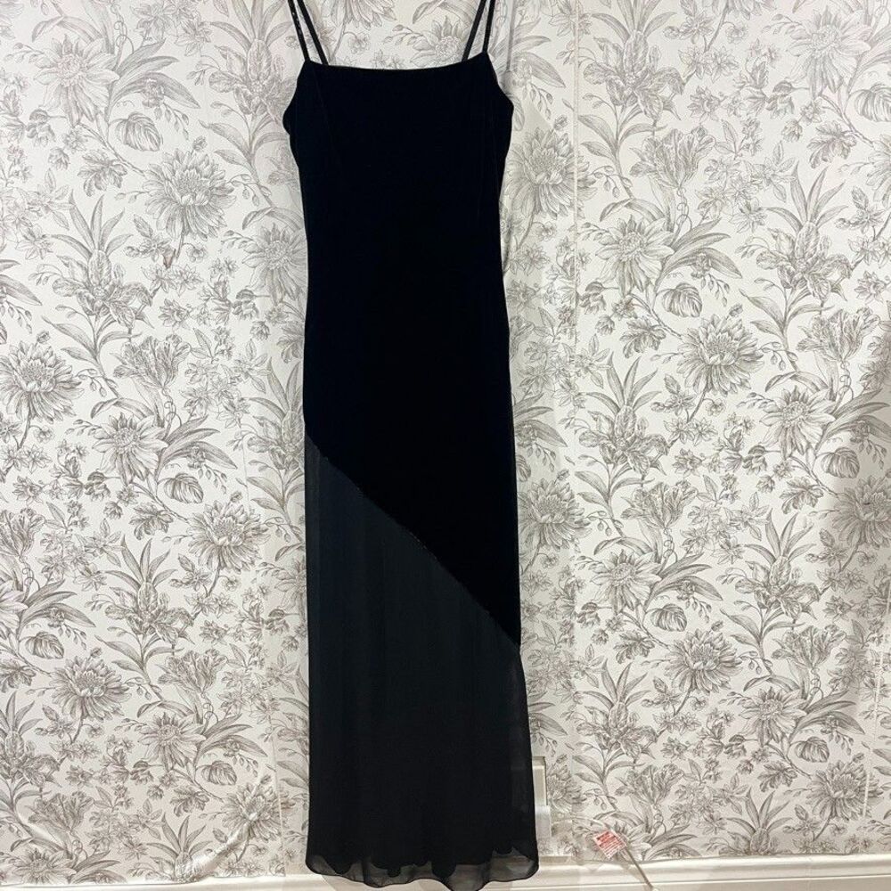 VTG Y2K 90s Black Velvet Chiffon Gown Sz 6 Asymmetrical Grunge Dainty Beads Prom